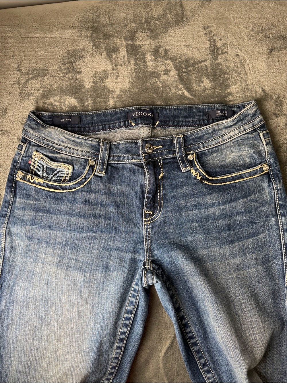 Vigoss Heritage Fit Blue Bootcut Jeans with Embroidered Bead-Trim Pockets